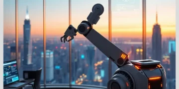 A robotic arm in a high-rise office with a holographic WordPress interface illustrating How ModularDS Automates 95% of WordPress Maintenance Tasks.