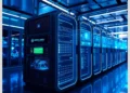 How ModularDS Handles Automated Site Backups in a blue-lit data center showcasing modular server racks and illuminated monitoring panels.