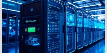 How ModularDS Handles Automated Site Backups in a blue-lit data center showcasing modular server racks and illuminated monitoring panels.