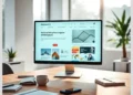 Modern desk with a desktop monitor showing a clean responsive blog layout titled Best Blog Post Templates for Promoting ModularDS.