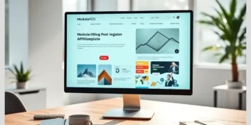 Modern desk with a desktop monitor showing a clean responsive blog layout titled Best Blog Post Templates for Promoting ModularDS.