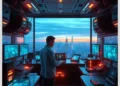 A person at a futuristic control station with multiple dashboards and city skyline view implementing ModularDS Early Warning System for WordPress Site Issues: Complete Setup.