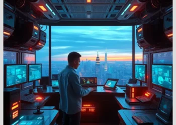 A person at a futuristic control station with multiple dashboards and city skyline view implementing ModularDS Early Warning System for WordPress Site Issues: Complete Setup.
