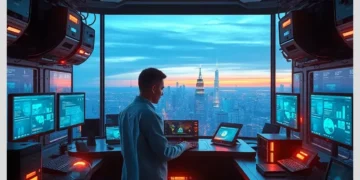 A person at a futuristic control station with multiple dashboards and city skyline view implementing ModularDS Early Warning System for WordPress Site Issues: Complete Setup.