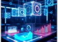 Futuristic neon dashboard with holographic cubes and charts illustrating ModularDS Performance Features That Improve Google PageSpeed Scores.