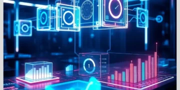 Futuristic neon dashboard with holographic cubes and charts illustrating ModularDS Performance Features That Improve Google PageSpeed Scores.