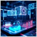 Futuristic neon dashboard with holographic cubes and charts illustrating ModularDS Performance Features That Improve Google PageSpeed Scores.