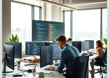 Developers working at multiple monitors displaying source code in an open office while Setting Up ModularDS for WordPress Theme and Plugin Development Teams.