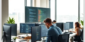 Setting Up ModularDS for WordPress Theme and Plugin Development Teams 10 Developers working at multiple monitors displaying source code in an open office while Setting Up ModularDS for WordPress Theme and Plugin Development Teams.