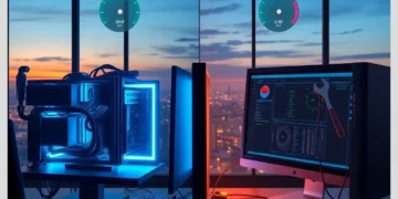 ModularDS vs Manual WordPress Optimization: Speed Test Results 10 Two illuminated workstations with blue and red lighting demonstrating ModularDS vs Manual WordPress Optimization: Speed Test Results.
