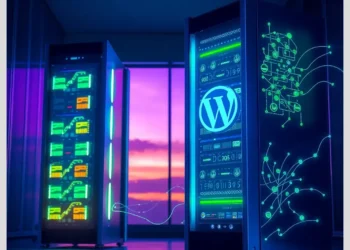 Illuminated server racks with WordPress logo showcasing a visual comparison of ModularDS vs Traditional Optimization Plugins.