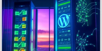 Illuminated server racks with WordPress logo showcasing a visual comparison of ModularDS vs Traditional Optimization Plugins.