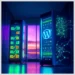 Illuminated server racks with WordPress logo showcasing a visual comparison of ModularDS vs Traditional Optimization Plugins.