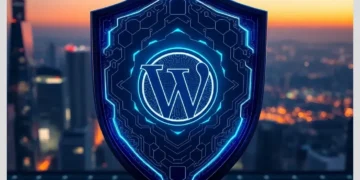 Glowing shield with WordPress logo over a cityscape illustrating How ModularDS Enhances WordPress Security Automatically