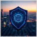 Glowing shield with WordPress logo over a cityscape illustrating How ModularDS Enhances WordPress Security Automatically