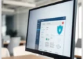 Desktop monitor displaying a security dashboard with a shield icon and analytics, illustrating 10 WordPress Security Plugins ModularDS Integrates With Seamlessly.