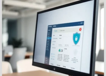 Desktop monitor displaying a security dashboard with a shield icon and analytics, illustrating 10 WordPress Security Plugins ModularDS Integrates With Seamlessly.