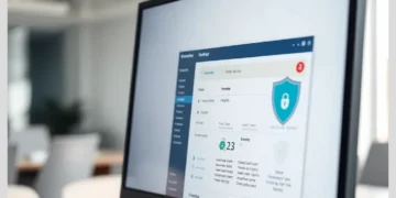 Desktop monitor displaying a security dashboard with a shield icon and analytics, illustrating 10 WordPress Security Plugins ModularDS Integrates With Seamlessly.