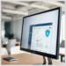 Desktop monitor displaying a security dashboard with a shield icon and analytics, illustrating 10 WordPress Security Plugins ModularDS Integrates With Seamlessly.