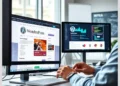 Workstation with dual monitors displaying WordPress site pages and analytics dashboards illustrating How ModularDS Helps Monitor SEO Changes Across Multiple WordPress Sites.