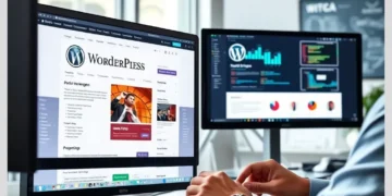 Workstation with dual monitors displaying WordPress site pages and analytics dashboards illustrating How ModularDS Helps Monitor SEO Changes Across Multiple WordPress Sites.