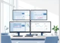 Modern office desk with four monitors showing analytics dashboards for a Guide to Monitoring WordPress User Behavior Across Multiple Sites.