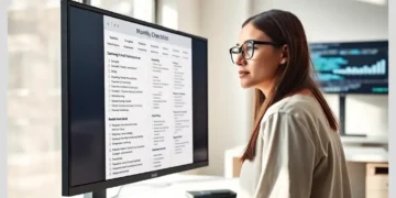 Woman reviewing a Monthly WordPress Website Maintenance Checklist on a desktop monitor in a modern office