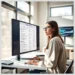 Woman reviewing a Monthly WordPress Website Maintenance Checklist on a desktop monitor in a modern office