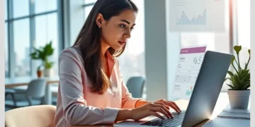 Woman at a desk working on a laptop with charts and reports illustrating How to Optimize WooCommerce Checkout for Higher Conversion Rates.
