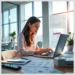 Woman at a desk working on a laptop with charts and reports illustrating How to Optimize WooCommerce Checkout for Higher Conversion Rates.