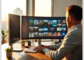 Person at a desk arranging a thumbnail grid on an ultrawide monitor illustrating Best Practices for Organizing WordPress Media Libraries in 2025.