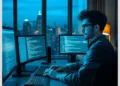 A developer at a multi-monitor workstation coding late at night, illustrating What to Do When a WordPress Plugin Breaks After Update.