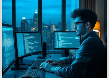 A developer at a multi-monitor workstation coding late at night, illustrating What to Do When a WordPress Plugin Breaks After Update.