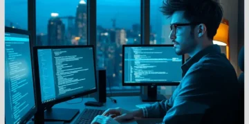 A developer at a multi-monitor workstation coding late at night, illustrating What to Do When a WordPress Plugin Breaks After Update.