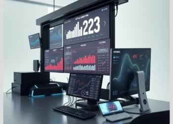 A sleek multi-monitor analytics workstation displaying charts and dashboards illustrating 10 Most Profitable Niches for ModularDS Affiliate Marketing in 2025.