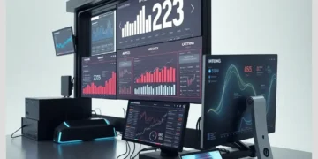 A sleek multi-monitor analytics workstation displaying charts and dashboards illustrating 10 Most Profitable Niches for ModularDS Affiliate Marketing in 2025.