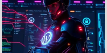 Futuristic armored guardian with a glowing WordPress emblem standing before a cyber security dashboard illustrating How to Protect WordPress Admin Panel from Brute Force Attacks.