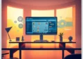 Why You Should Keep WordPress Plugins and Themes Updated displayed on a desktop monitor with a WordPress dashboard, gear icons and warm office lighting.