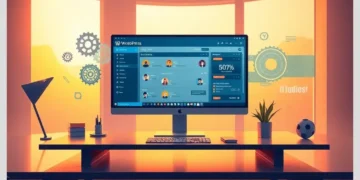 Why You Should Keep WordPress Plugins and Themes Updated displayed on a desktop monitor with a WordPress dashboard, gear icons and warm office lighting.