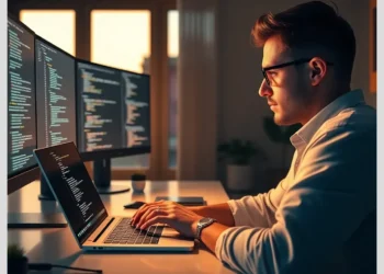 Developer at a multi-monitor workstation coding late, representing How to Safely Update WordPress Core Without Breaking Your Site.