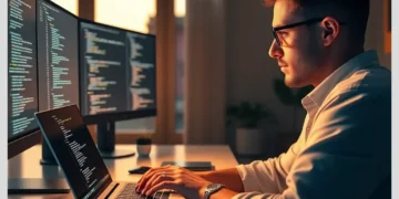 Developer at a multi-monitor workstation coding late, representing How to Safely Update WordPress Core Without Breaking Your Site.