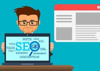 Cartoon man holding a laptop with SEO keywords and icons, a visual prompt to Avoid These 3 Costly Website Maintenance Mistakes Now.