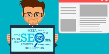 Cartoon man holding a laptop with SEO keywords and icons, a visual prompt to Avoid These 3 Costly Website Maintenance Mistakes Now.