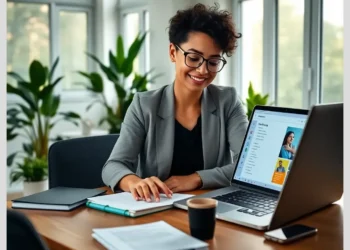 A smiling professional woman working at a laptop and notebook while following a Step-by-Step Tutorial: Setting Up Your First ModularDS Affiliate Campaign.