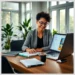 A smiling professional woman working at a laptop and notebook while following a Step-by-Step Tutorial: Setting Up Your First ModularDS Affiliate Campaign.