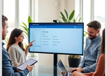 A small team reviewing a monitor displaying user roles as they plan How to Set Up User Roles for WordPress Content Teams.