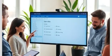 A small team reviewing a monitor displaying user roles as they plan How to Set Up User Roles for WordPress Content Teams.