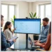 A small team reviewing a monitor displaying user roles as they plan How to Set Up User Roles for WordPress Content Teams.