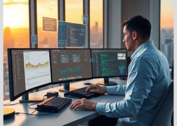 A developer at a multi-monitor desk viewing dashboards, charts and code while configuring analytics for Setting Up Conversion Tracking Across Multiple WordPress Sites with ModularDS.