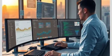 A developer at a multi-monitor desk viewing dashboards, charts and code while configuring analytics for Setting Up Conversion Tracking Across Multiple WordPress Sites with ModularDS.